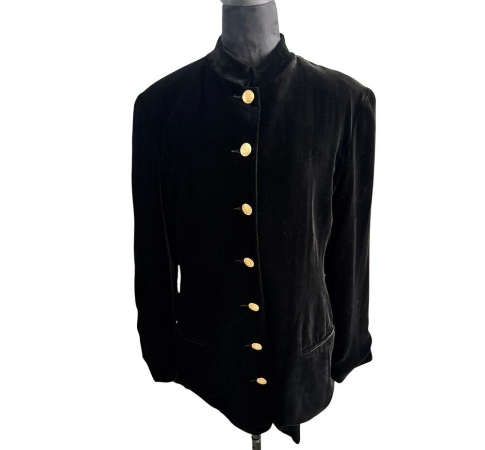 Bloomingdale's Vintage Silk Velvet Jacket Size 12 Black Gold Buttons Mandarin